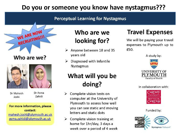 A poster promoting the Perceptual Learning for Nystagmus research project at the University of Plymouth.
