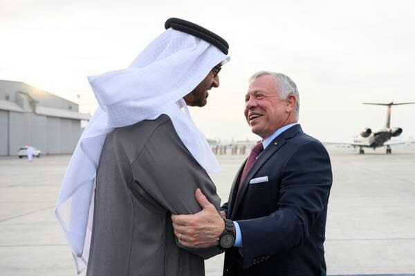 UAE President Sheikh Mohamed receives Jordan’s King Abdullah II in Abu Dhabi. Abdulla Al Neyadi / Presidential Court