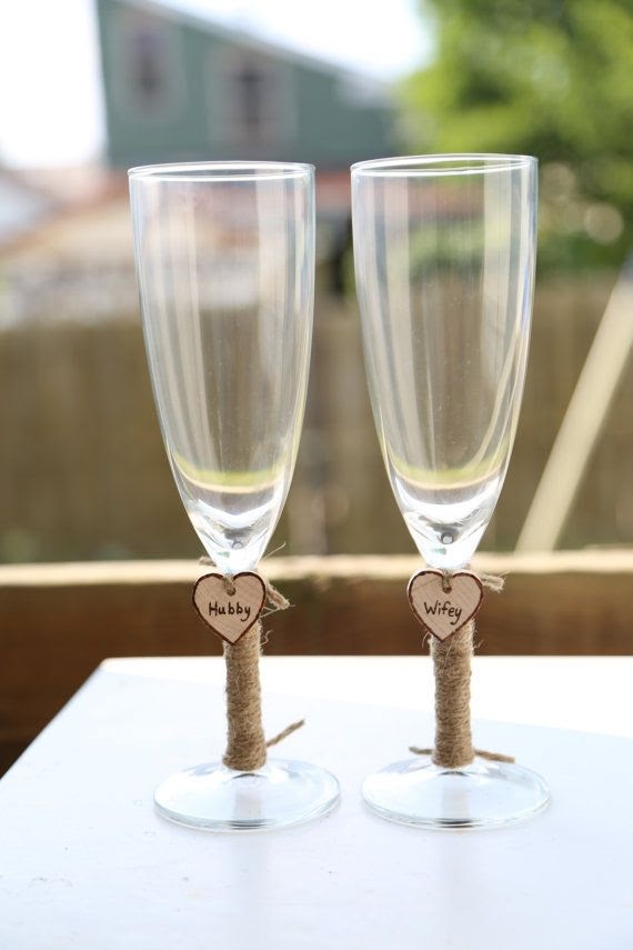 2 Personalized Wedding Glass Flutes & Charm Custom Shabby Chic Rustic Country Reception