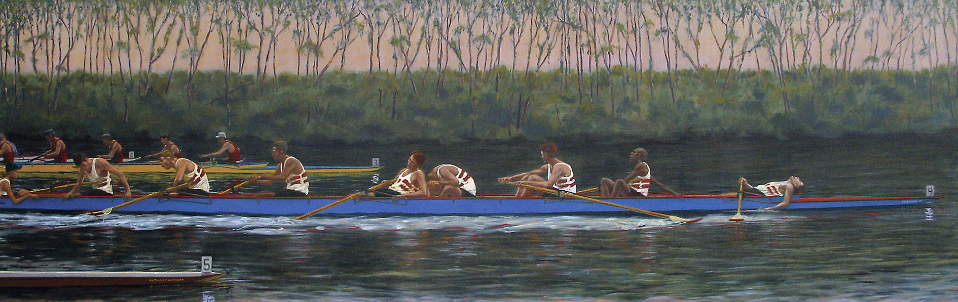Painting of rowers just after completing a race. Rowing art by Anthony Conway.