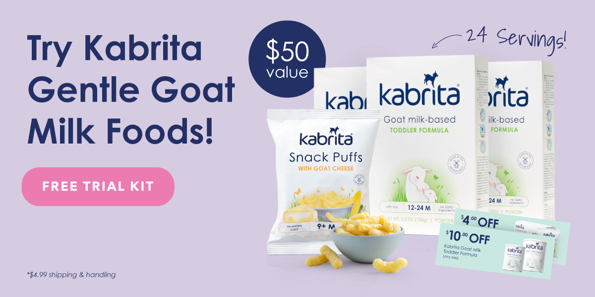 3 150g boxes of Kabrita Goat Milk Toddler Formula, 1 bag of Snack Puffs with Goat Cheese, with some shown in a bowl, and 2 coupons