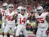 Ohio State wide receiver K.J. Hill (14) celebrates a touchdown during the second half of the Big Ten championship NCAA college football game against Wisconsin, Saturday, Dec. 7, 2019, in Indianapolis. (AP Photo/Michael Conroy) ** FILE **
