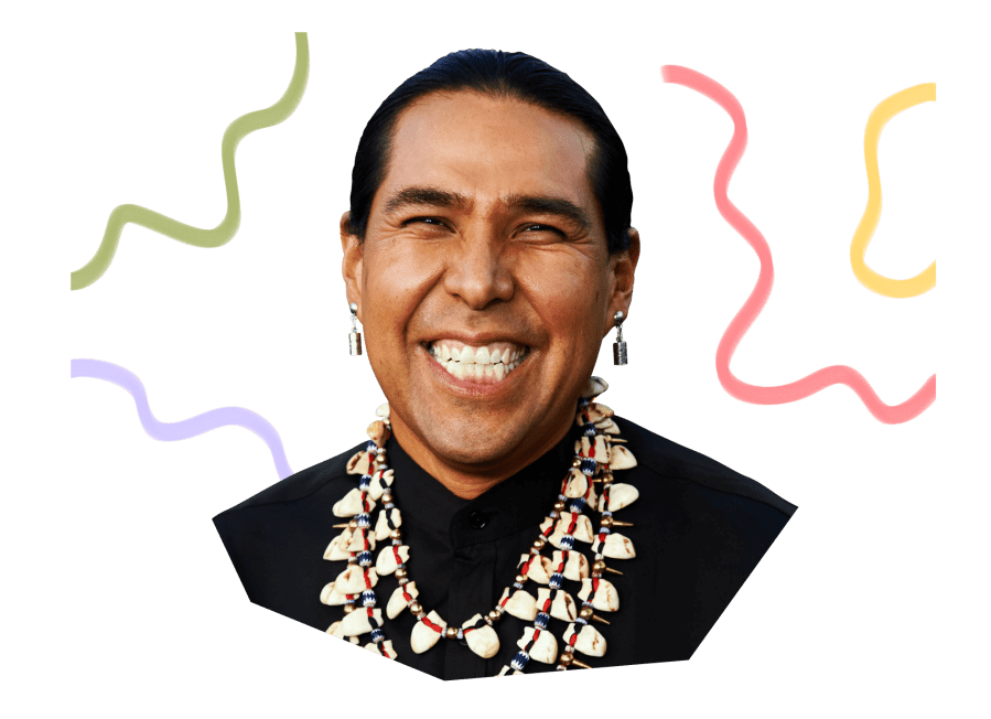 Dallas Goldtooth smiling surrounded by wavy, hand-drawn lines