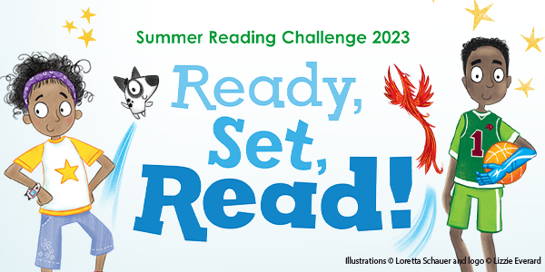 Summer reading challenge promotion, showing two character and their mascots