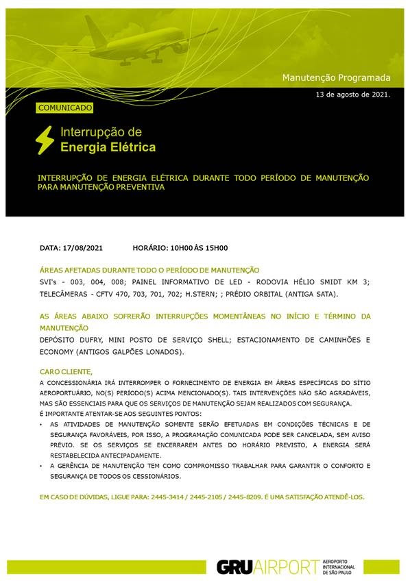 Comunicado GRU AIRPORT - Interrupção de Energia