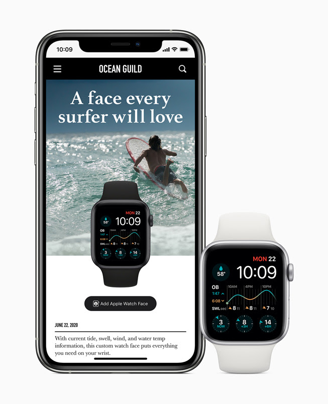 與 iPhone 11 Pro 共享並顯⽰於 Apple Watch Series 5 螢幕中的⾃訂衝浪錶⾯。