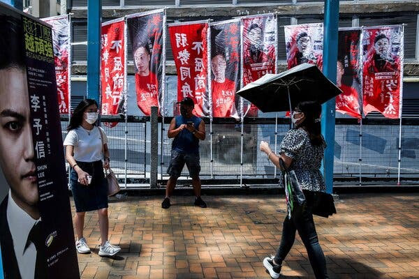 Campaign flags during an informal primary election in July for Hong Kong’s pro-democracy legislative candidates.Credit...Isaac Lawrence/Agence France-Presse — Getty Images