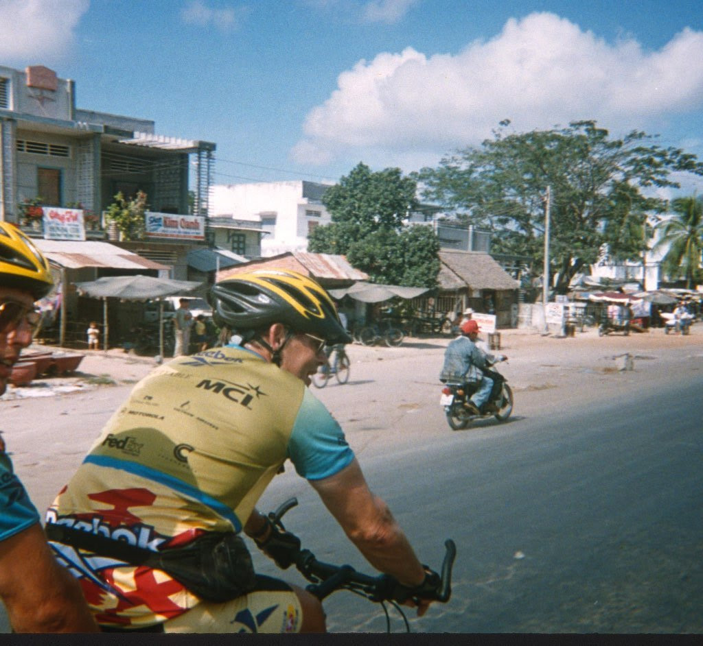 Ed and Erik tandem biking across Vietnam