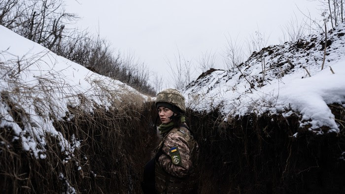 Ukrainian Servicemen of the 30th Army Brigade are seen outside of Svitlodarsk, Ukraine on January 23, 2022.