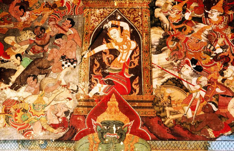 Mara and his temptations, detail from a mural in Wat Dusidaram, a temple in Bangkok, Thailand.