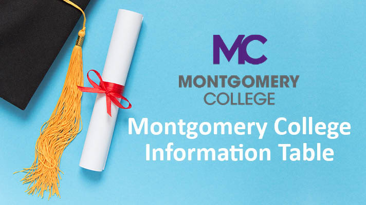 A blue background with a black graduation cap with a yellow tassel and white diploma tied with a red ribbon. A purple MC logo and black text reads Montgomery College. White text reads Montgomery College Information Table