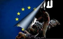 European Union flag being pulled back to reveal ISIS poster