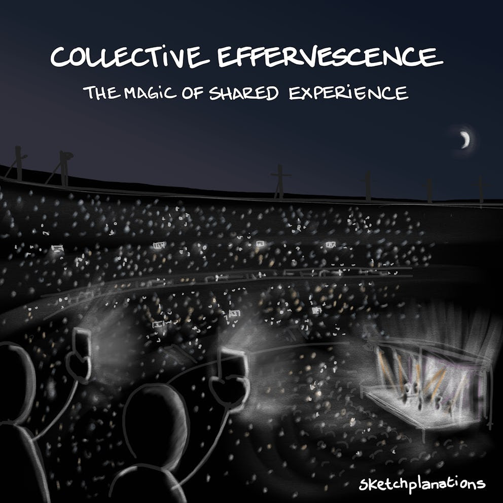 Collective effervescence illustration: two people hold their phones up as lights with 1000s of others in a stadium concert at night