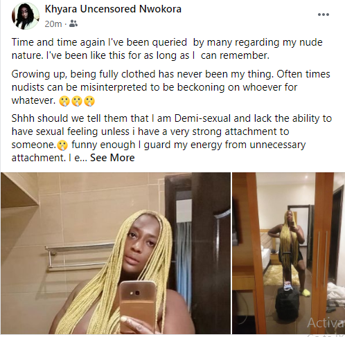 Nollywood actress Khyara Nwokora defends sharing her nude photos on social media