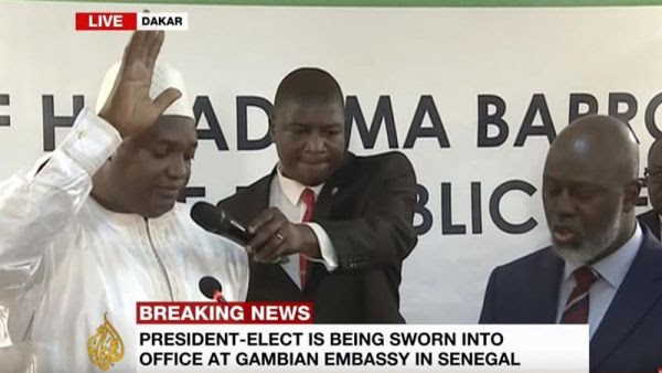 •Gambia’s new President Adama Barrow taking the oath of office Thursday evening in neighbouring 