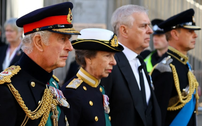 King Charles, Princess Anne, Prince Andrew and Prince Edward follow the late Queen's coffin