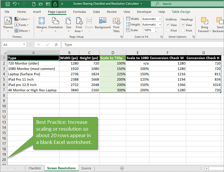 Best PRactice Increase Scaling or Resolution to show 20 Rows in Excel