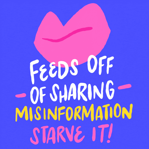 Blue GIF with moving lips on top opening with "hate feeds off of sharing misinformation. starve it" written below