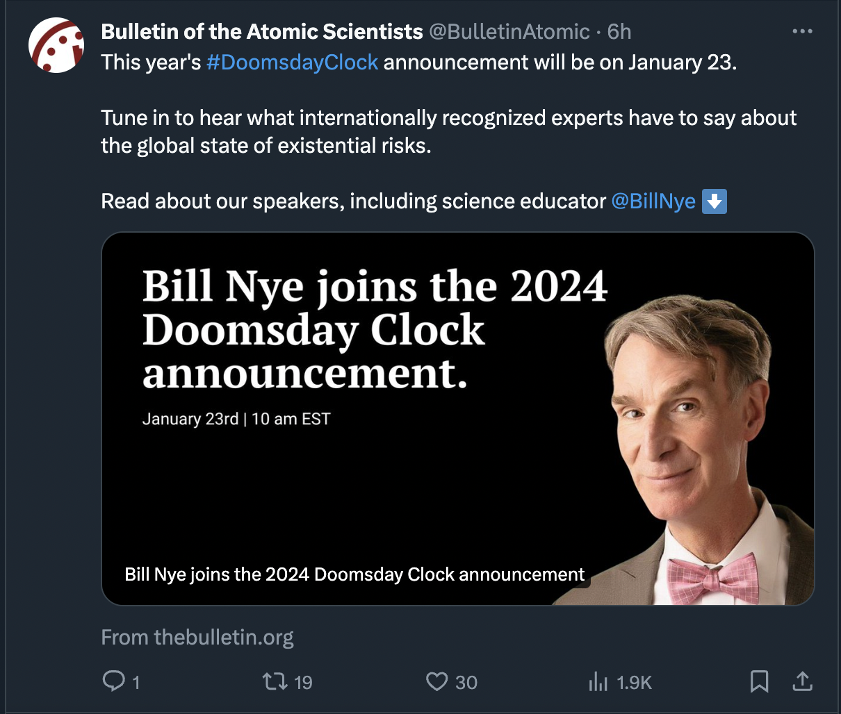 AM Nukes Roundup - Jan. 9 – Bill Nye joins the 2024 Doomsday Clock