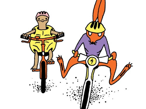 A hare and turtle riding bikes.