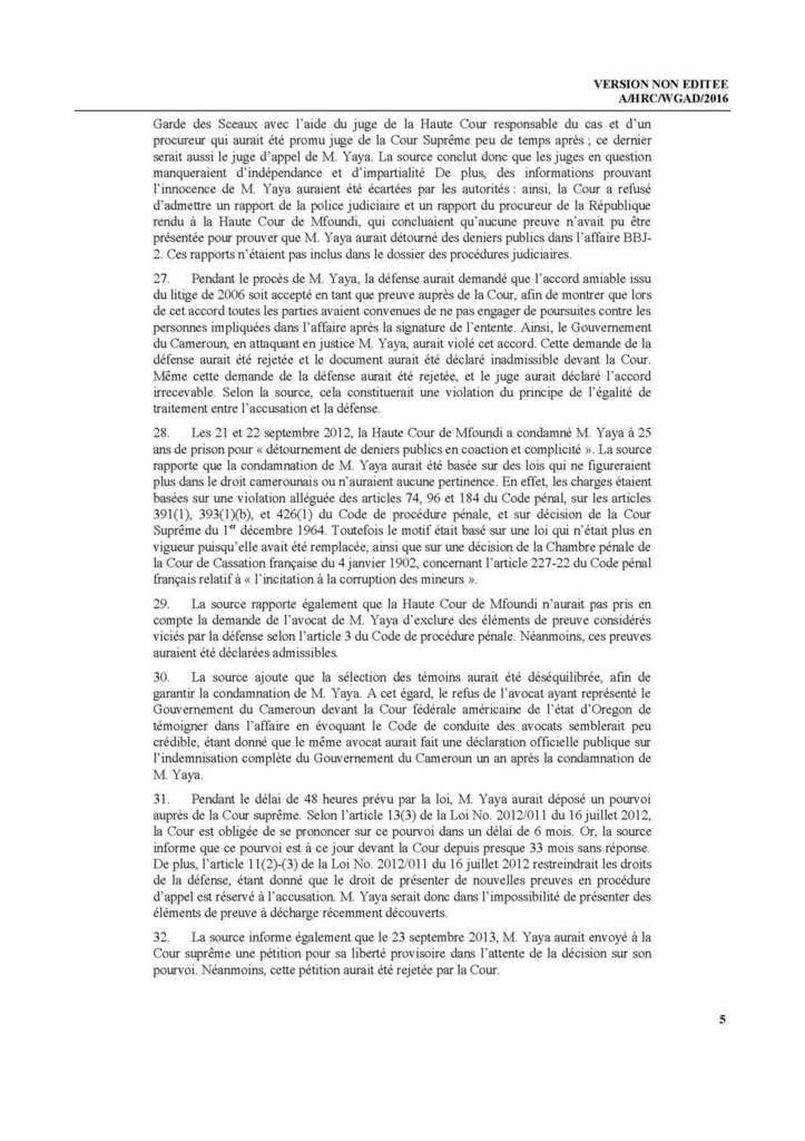 Decision du groupe de travail des nations unis sur la Detention arbitraire demandant la liberation de Marafa Hamidou Yaya