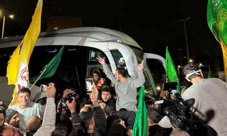 Palestinian prisoners celebrate after leaving the Israeli military prison, Ofer.