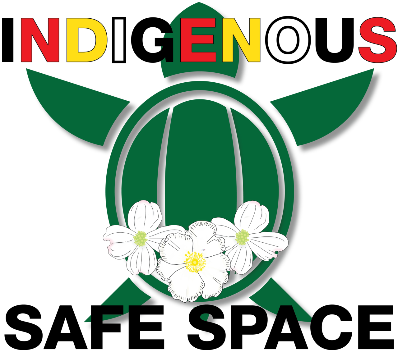Turtle with cherokee rose and dogwood flowers and words Indigenous Safe Space in medicine wheel colors