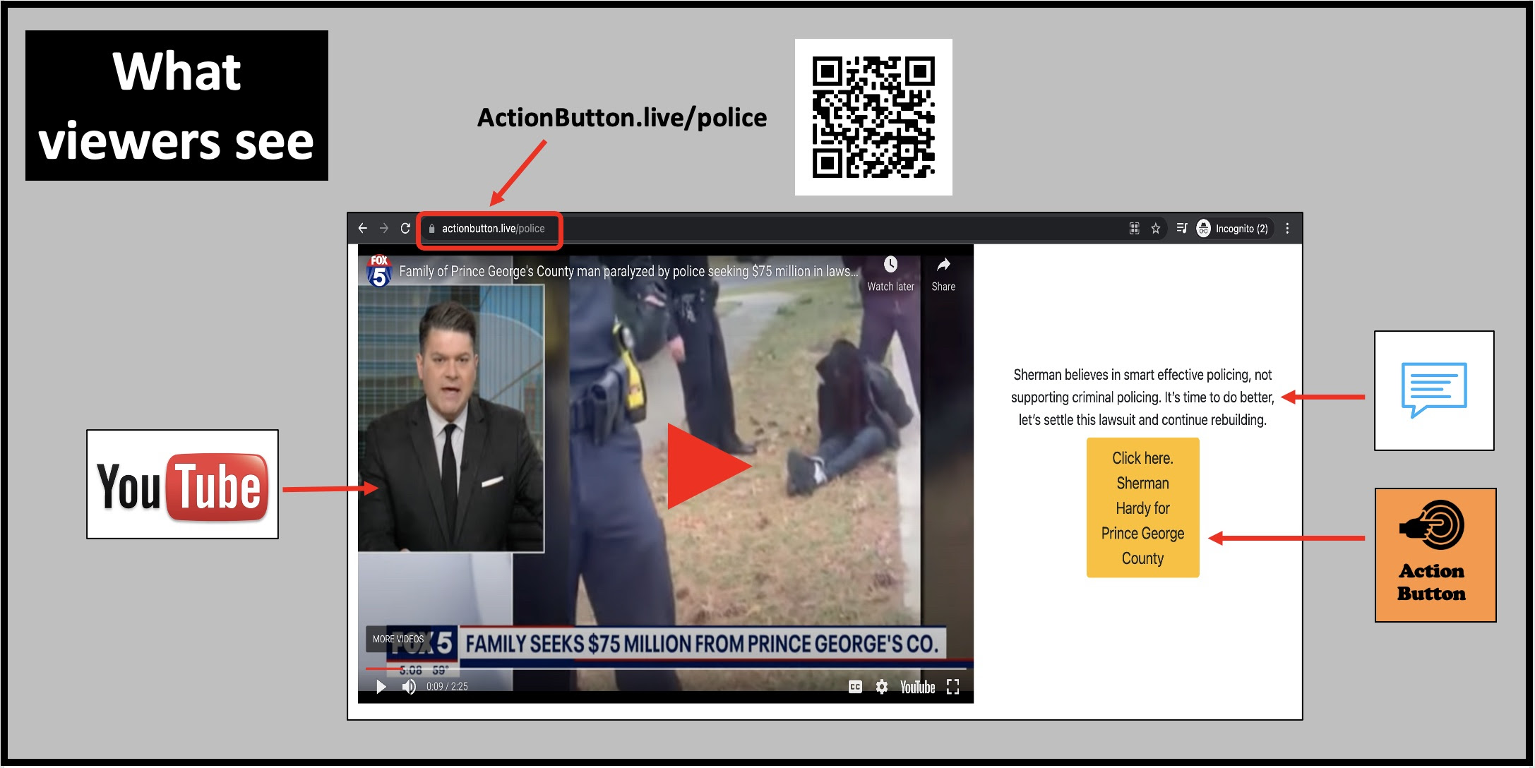 Viewers see the YouTube video, your campaign message and the call to Action Button.