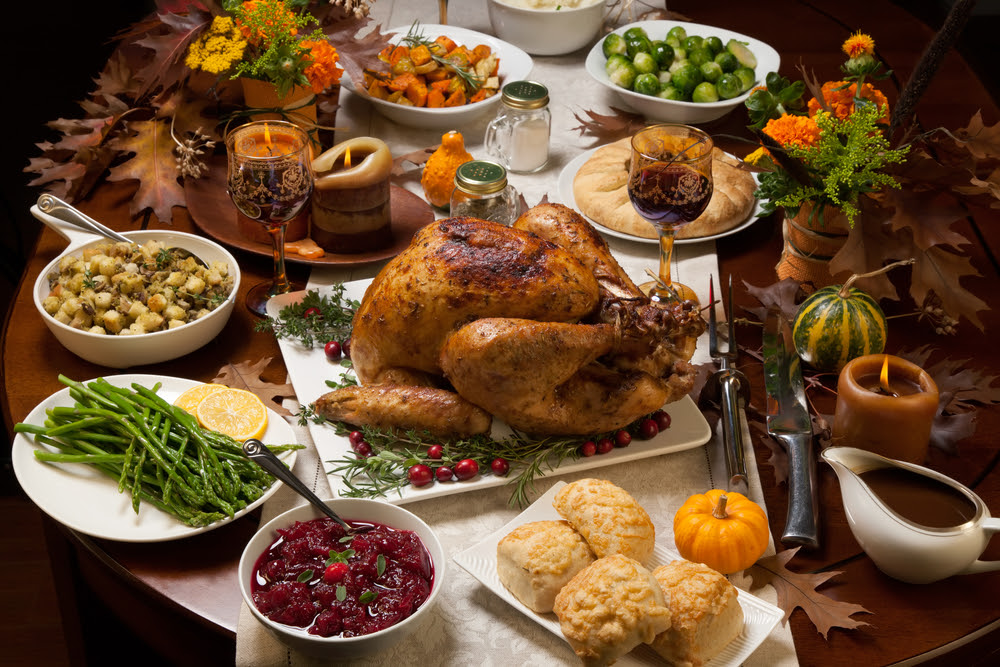 thanksgiving food, turkey, and side dishes