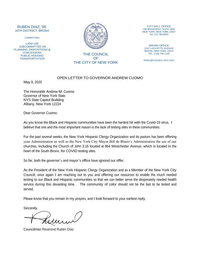 100PercentBronx: Council Member Ruben Diaz Sr. - OPEN LETTER TO ...