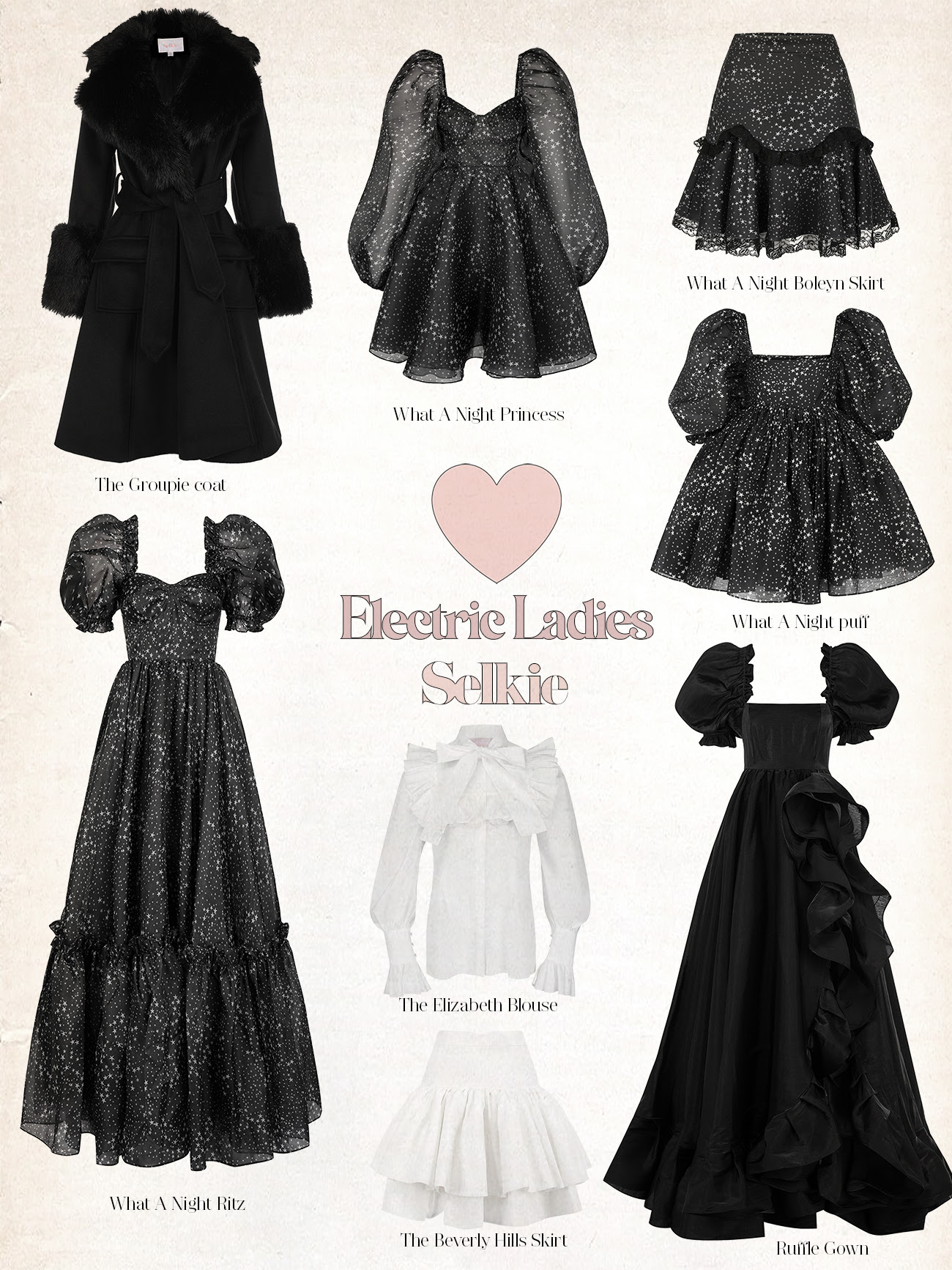 What a Night Princess, The Elizabeth Blouse, The Caviar Ruffle Gown