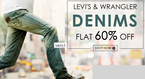 Get Flat 60% off + extra 20% off on Levis & Wrangles Denims