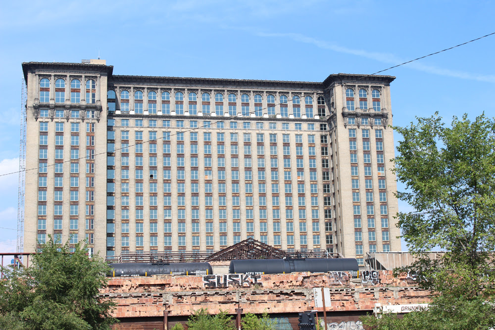 Multistory office-building-type structure next to railroad tracks