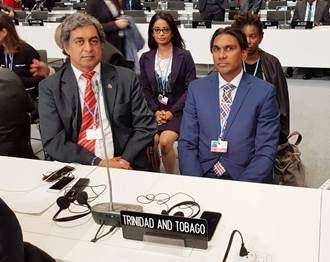 CLIMATE TALKS: The TT delegation at COP25 at Madrid, Spain. From left is Kishan Kumarsingh, head of the MEAU of the Planning Ministry, Sindy Singh, climate change specialist, and Ric Javed Ali, Deputy Permanent Secretary of the Ministry of Planning. -