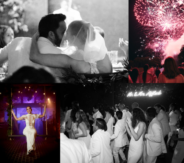 Jennifer and Ben embracing at the table. Fireworks with wedding guests watching