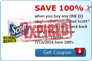 Save 100% when you buy any ONE (1) single roll of unscented Scott® 1000 Bath Tissue. Check back every Friday for a new Freebie!.Expires 7/13/2014.Save 100%.