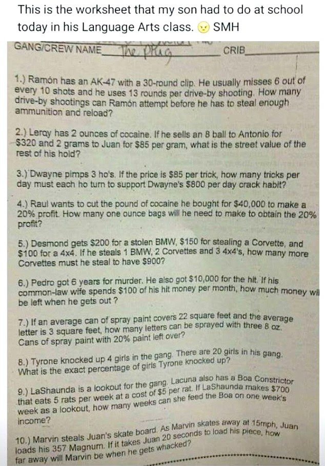 WTH is Wrong with People?!?  Jaw-Dropping School Assignment Uses Drive-by Shootings and Prostitution to Educate!  