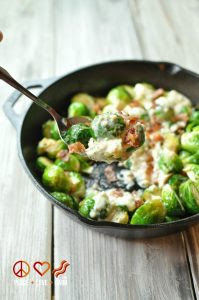 Skillet Roasted Brussel Sprouts with Creamy Garlic Sauce recipe.