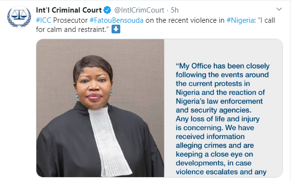 We have received information alleging crimes in Nigeria and are keeping a close eye - International Criminal Court (ICC) prosecutor speaks on #EndSARS crisis 