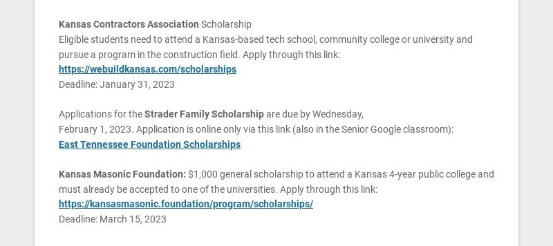 Kansas Contractors Association Scholarship
Eligible students need to attend a Kansas-based tech...
