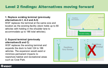 Screenshot of presentation showing two alternatives we will continue to study for replacing Fauntleroy terminal