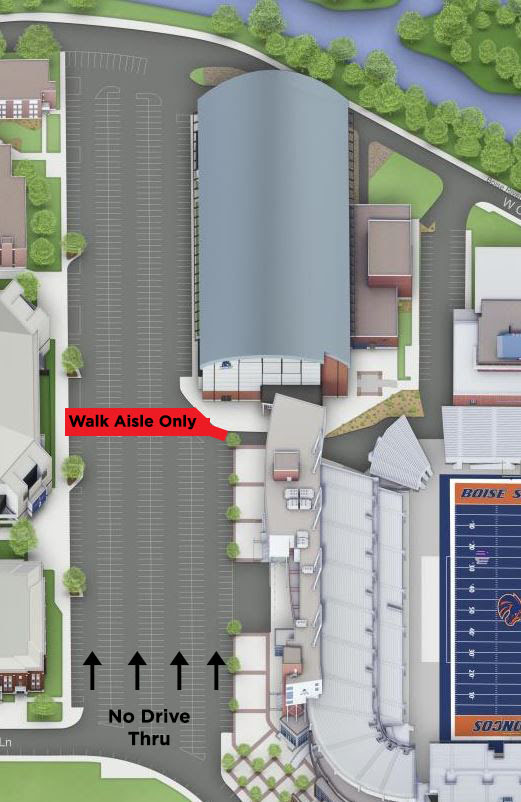 Map showing a walk aisle going across the middle of West Stadium, from Entrance 2 of the ExtraMile Arena to the Northwest entrance of Albertsons Stadium. "No Drive Thru" sign is posted at the south side of the West Stadium