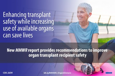 The figure is a photo of a woman stretching with text about a new report from MMWR on recommendations to improve organ transplant recipient safety.