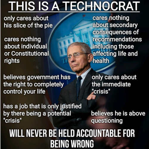 dr fauci technocrat cares nothing about individual rights constitution seconary consequences job crisis not accountable