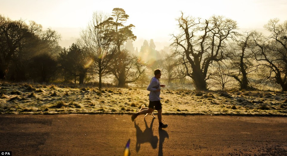 Bristol also saw the temperatures drop below zero, but this did not stop this jogger and his dog bear the Ashton Court Estate