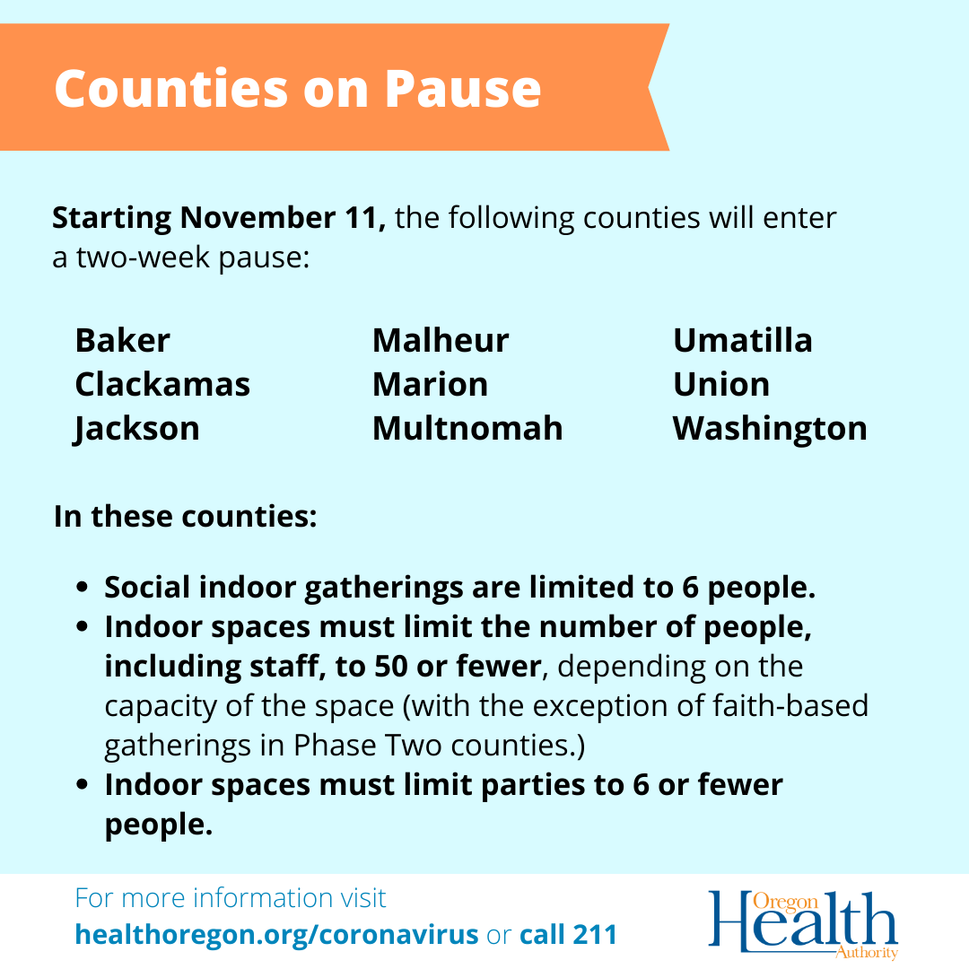 The counties on pause are Baker, Clackamas, Jackson, Malheur, Marion, Multnomah, Umatilla, Union, Washington