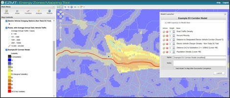 Energy Zones Mapping Tool interface with an example of existing charging stations, and a high minority population percentage.