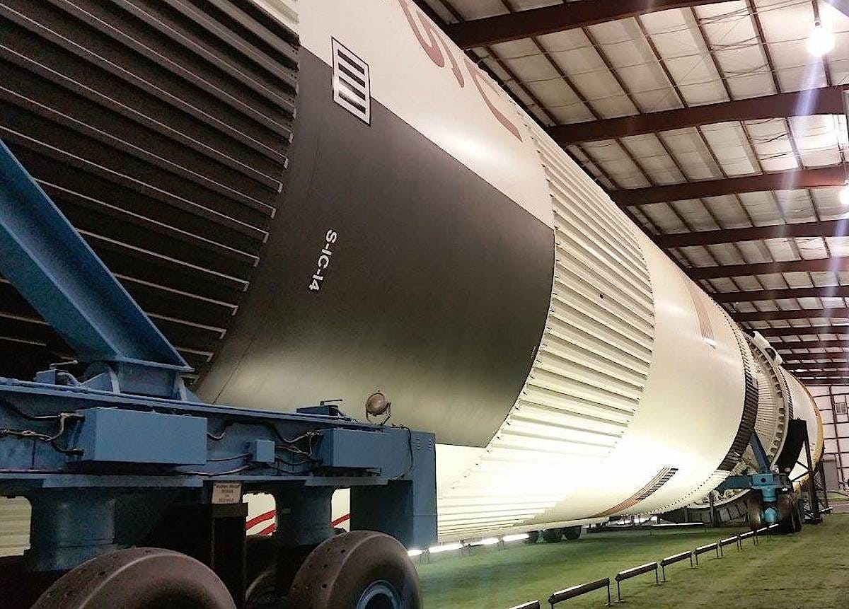 In total, the Saturn V has three rocket stages and a single spacecraft, which contains a lunar and command module for the astronauts. Here, you're seeing the largest part of the rocket: the first stage. The second stage is barely visible in the back.