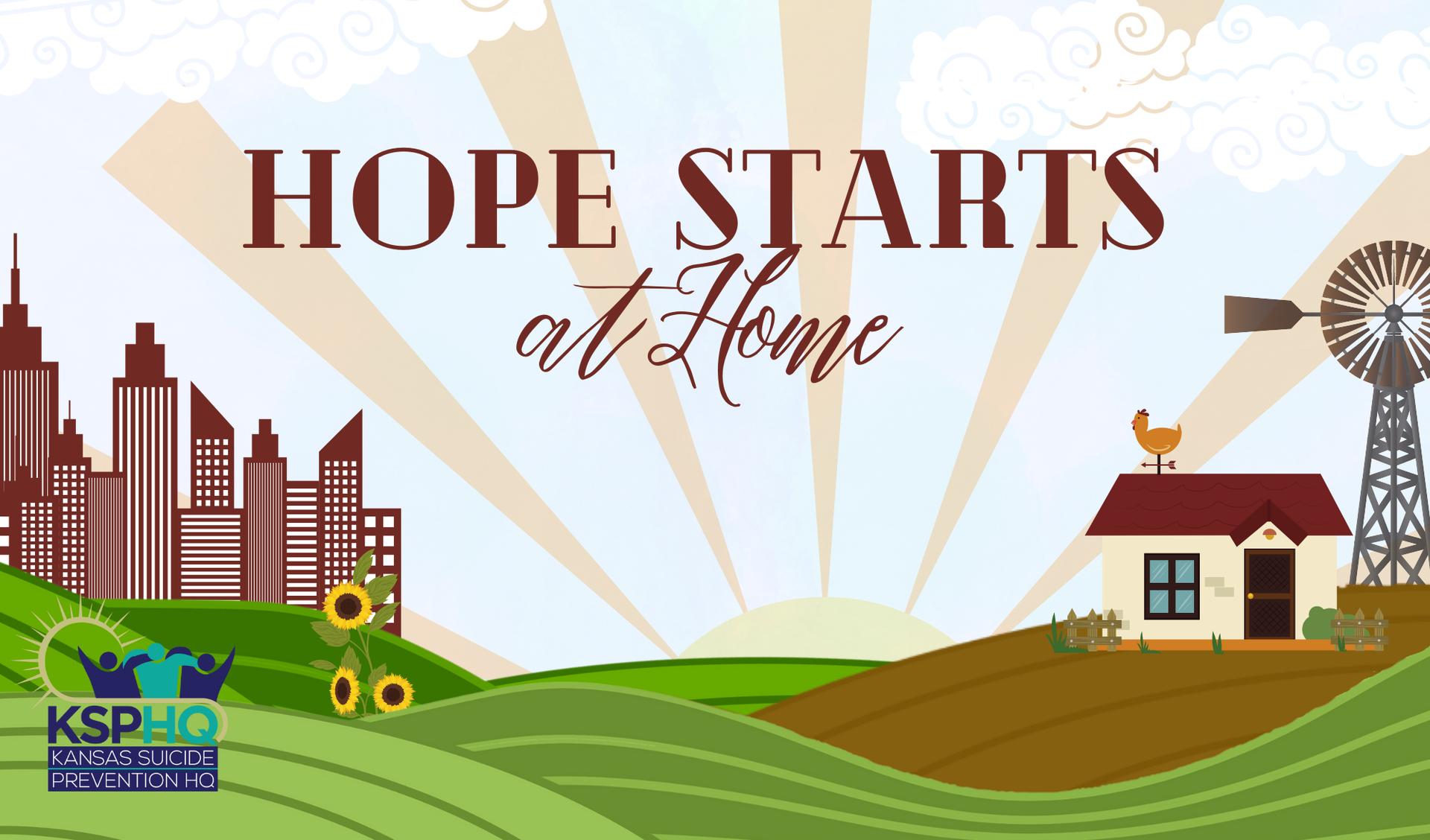 ''Hope Starts at Home'' Cover Front - A field, a sun, a cityscape and a small farmhouse