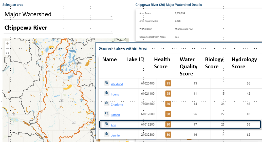 Lake Health application scores for Chippewa River Watershed
